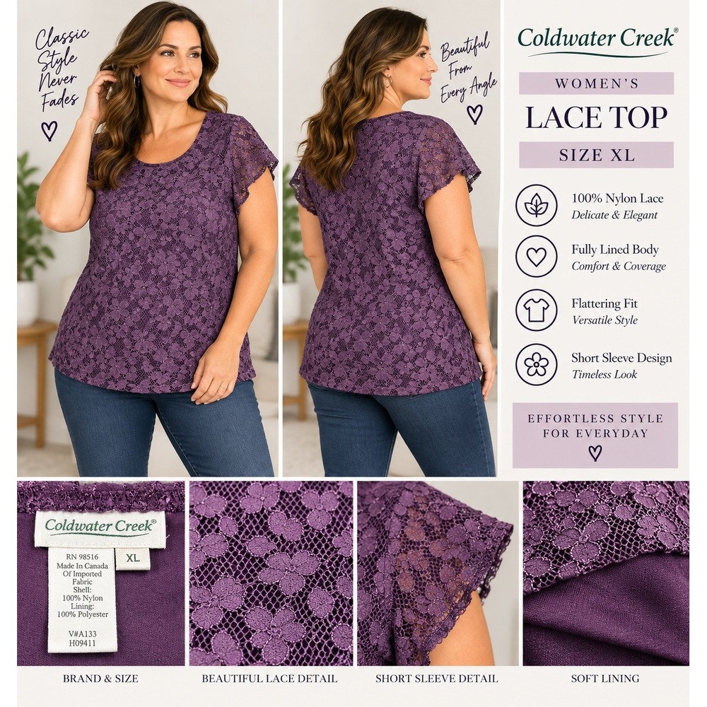 Coldwater Creek Blouse Top Womens XL Purple Floral Lace Lined Scoop Neck Knit SS